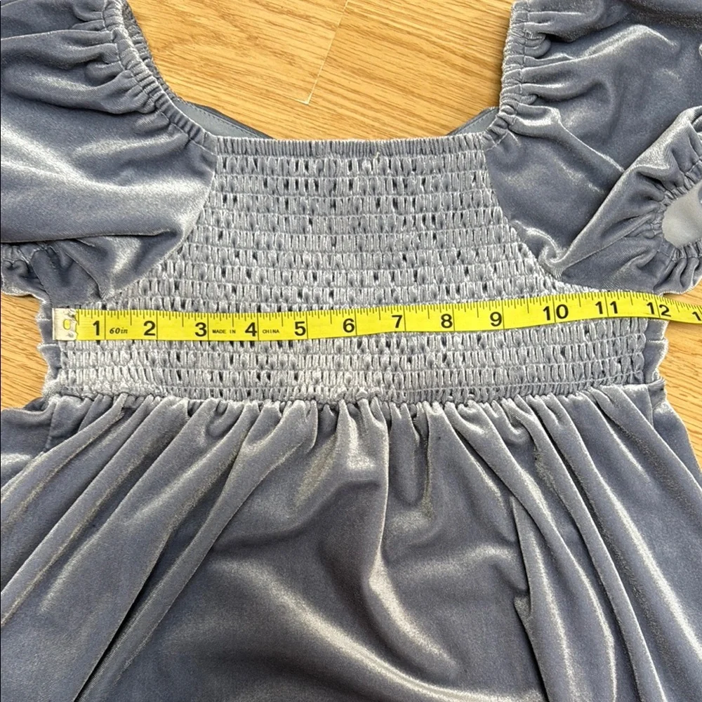 Walking On Sunshine Girls Medium Blue Velvet Puff Sleeve Empire Waist Dress - Picture 4 of 8